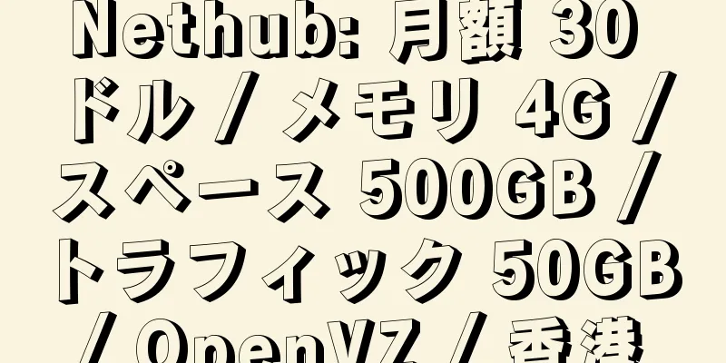 Nethub: 月額 30 ドル / メモリ 4G / スペース 500GB / トラフィック 50GB / OpenVZ / 香港