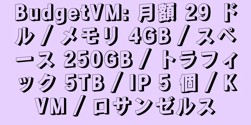 BudgetVM: 月額 29 ドル / メモリ 4GB / スペース 250GB / トラフィック 5TB / IP 5 個 / KVM / ロサンゼルス