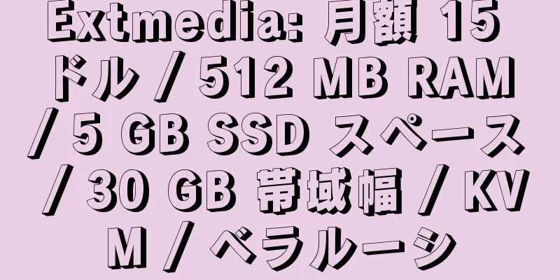 Extmedia: 月額 15 ドル / 512 MB RAM / 5 GB SSD スペース / 30 GB 帯域幅 / KVM / ベラルーシ