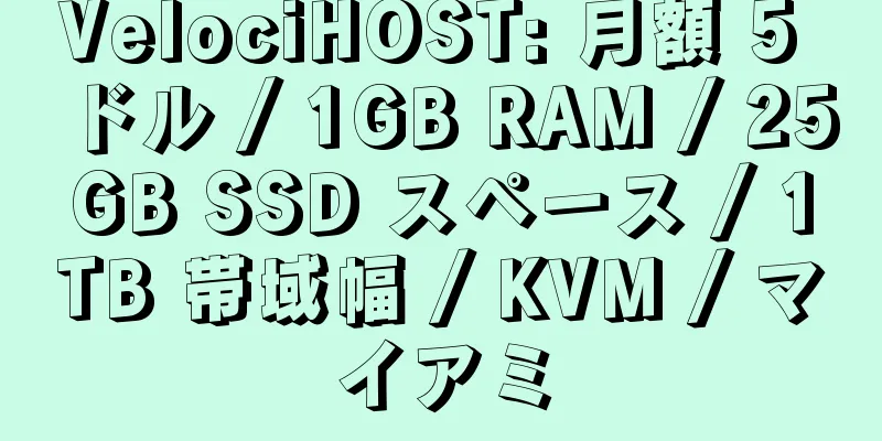 VelociHOST: 月額 5 ドル / 1GB RAM / 25GB SSD スペース / 1TB 帯域幅 / KVM / マイアミ