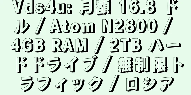 Vds4u: 月額 16.8 ドル / Atom N2800 / 4GB RAM / 2TB ハードドライブ / 無制限トラフィック / ロシア