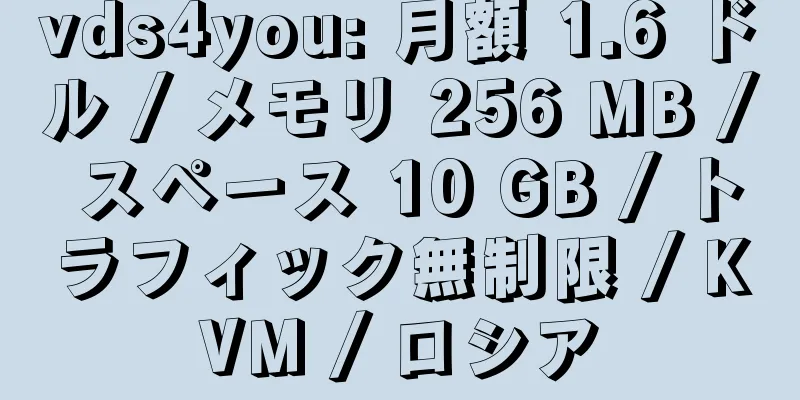 vds4you: 月額 1.6 ドル / メモリ 256 MB / スペース 10 GB / トラフィック無制限 / KVM / ロシア