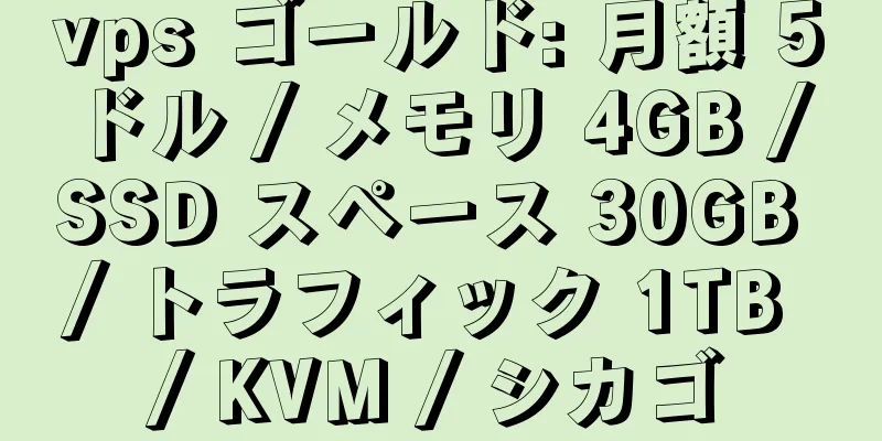 vps ゴールド: 月額 5 ドル / メモリ 4GB / SSD スペース 30GB / トラフィック 1TB / KVM / シカゴ