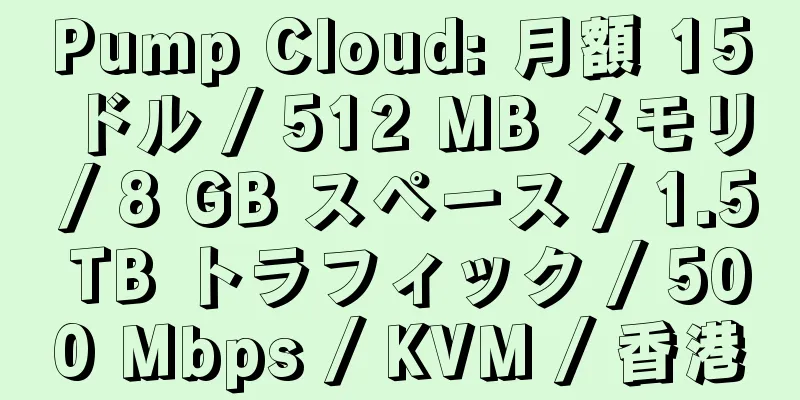 Pump Cloud: 月額 15 ドル / 512 MB メモリ / 8 GB スペース / 1.5 TB トラフィック / 500 Mbps / KVM / 香港