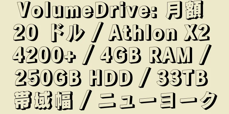 VolumeDrive: 月額 20 ドル / Athlon X2 4200+ / 4GB RAM / 250GB HDD / 33TB 帯域幅 / ニューヨーク