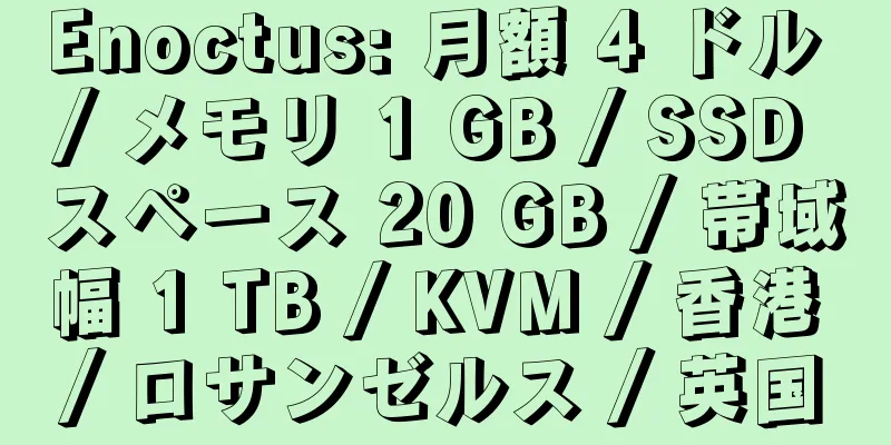 Enoctus: 月額 4 ドル / メモリ 1 GB / SSD スペース 20 GB / 帯域幅 1 TB / KVM / 香港 / ロサンゼルス / 英国