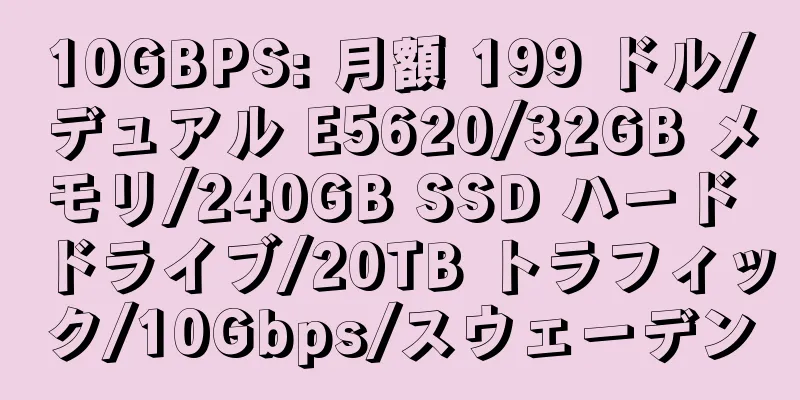 10GBPS: 月額 199 ドル/デュアル E5620/32GB メモリ/240GB SSD ハード ドライブ/20TB トラフィック/10Gbps/スウェーデン