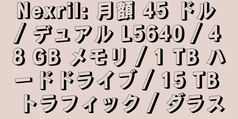 Nexril: 月額 45 ドル / デュアル L5640 / 48 GB メモリ / 1 TB ハードドライブ / 15 TB トラフィック / ダラス