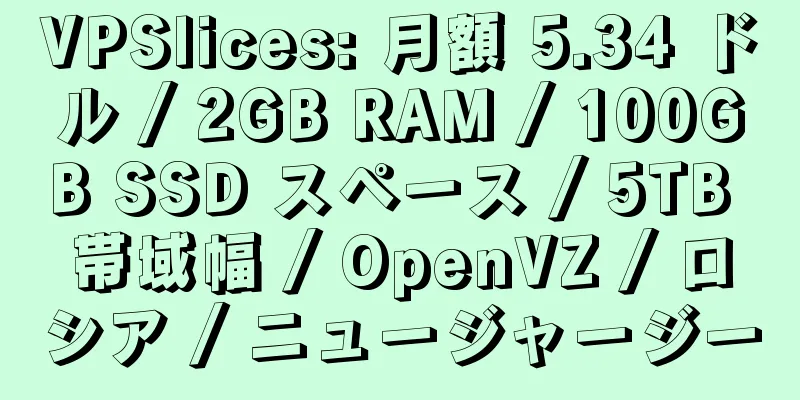 VPSlices: 月額 5.34 ドル / 2GB RAM / 100GB SSD スペース / 5TB 帯域幅 / OpenVZ / ロシア / ニュージャージー