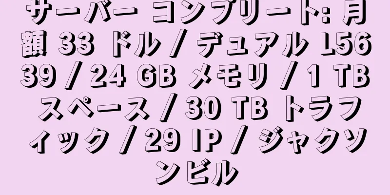 サーバー コンプリート: 月額 33 ドル / デュアル L5639 / 24 GB メモリ / 1 TB スペース / 30 TB トラフィック / 29 IP / ジャクソンビル