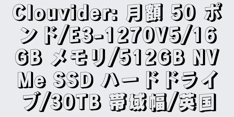 Clouvider: 月額 50 ポンド/E3-1270V5/16GB メモリ/512GB NVMe SSD ハードドライブ/30TB 帯域幅/英国