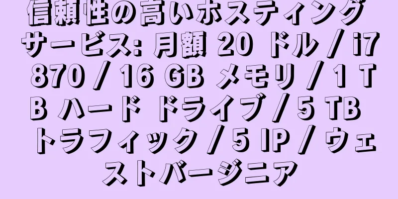 信頼性の高いホスティング サービス: 月額 20 ドル / i7 870 / 16 GB メモリ / 1 TB ハード ドライブ / 5 TB トラフィック / 5 IP / ウェストバージニア