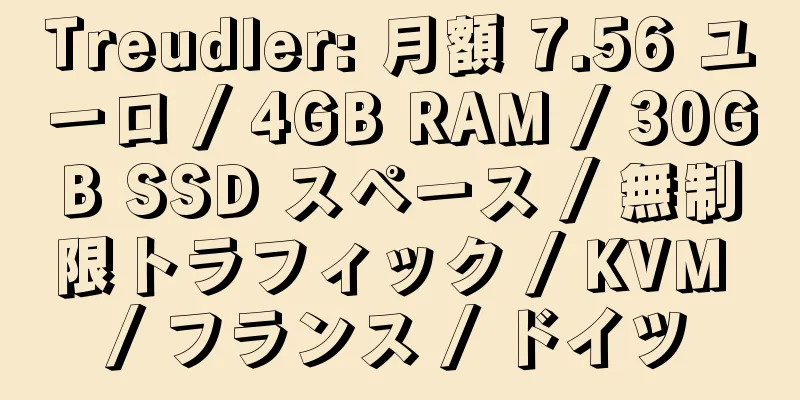 Treudler: 月額 7.56 ユーロ / 4GB RAM / 30GB SSD スペース / 無制限トラフィック / KVM / フランス / ドイツ