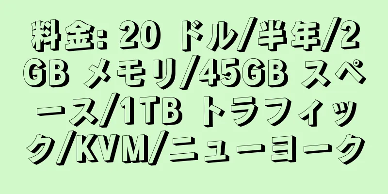 料金: 20 ドル/半年/2GB メモリ/45GB スペース/1TB トラフィック/KVM/ニューヨーク