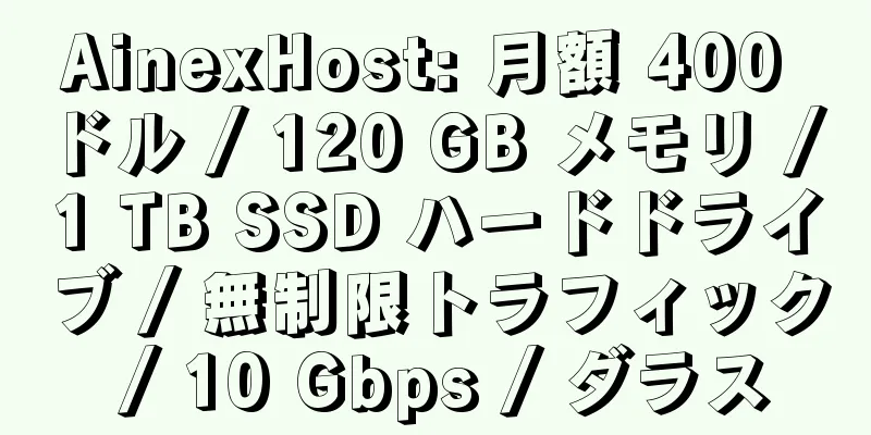 AinexHost: 月額 400 ドル / 120 GB メモリ / 1 TB SSD ハードドライブ / 無制限トラフィック / 10 Gbps / ダラス