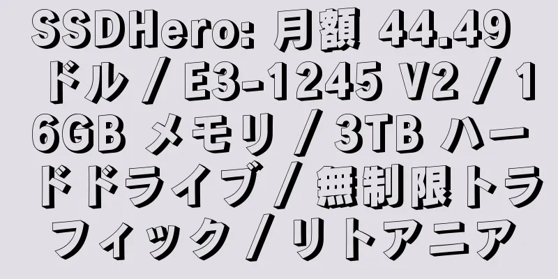 SSDHero: 月額 44.49 ドル / E3-1245 V2 / 16GB メモリ / 3TB ハードドライブ / 無制限トラフィック / リトアニア