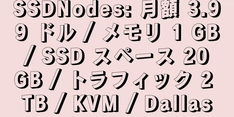 SSDNodes: 月額 3.99 ドル / メモリ 1 GB / SSD スペース 20 GB / トラフィック 2 TB / KVM / Dallas