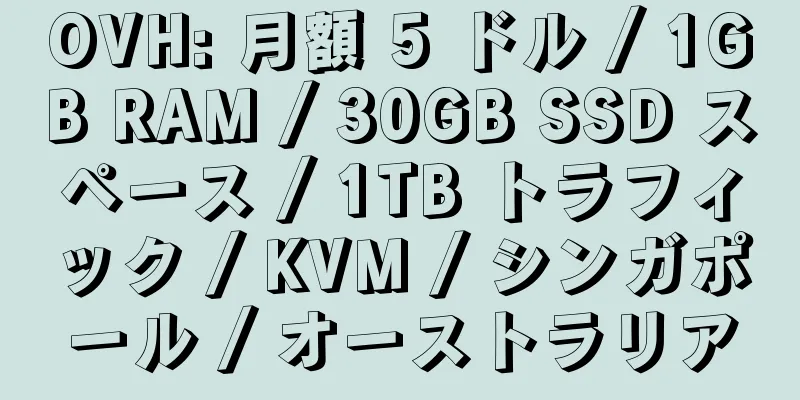 OVH: 月額 5 ドル / 1GB RAM / 30GB SSD スペース / 1TB トラフィック / KVM / シンガポール / オーストラリア