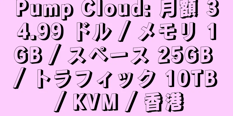 Pump Cloud: 月額 34.99 ドル / メモリ 1GB / スペース 25GB / トラフィック 10TB / KVM / 香港