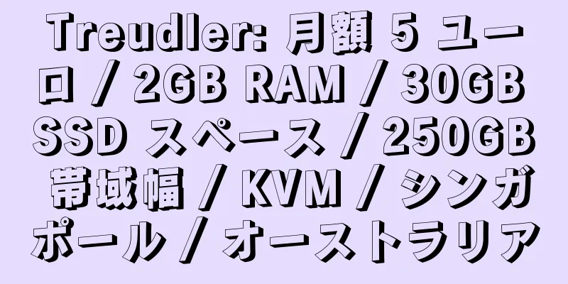 Treudler: 月額 5 ユーロ / 2GB RAM / 30GB SSD スペース / 250GB 帯域幅 / KVM / シンガポール / オーストラリア