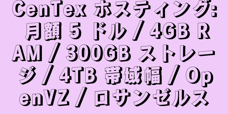 CenTex ホスティング: 月額 5 ドル / 4GB RAM / 300GB ストレージ / 4TB 帯域幅 / OpenVZ / ロサンゼルス