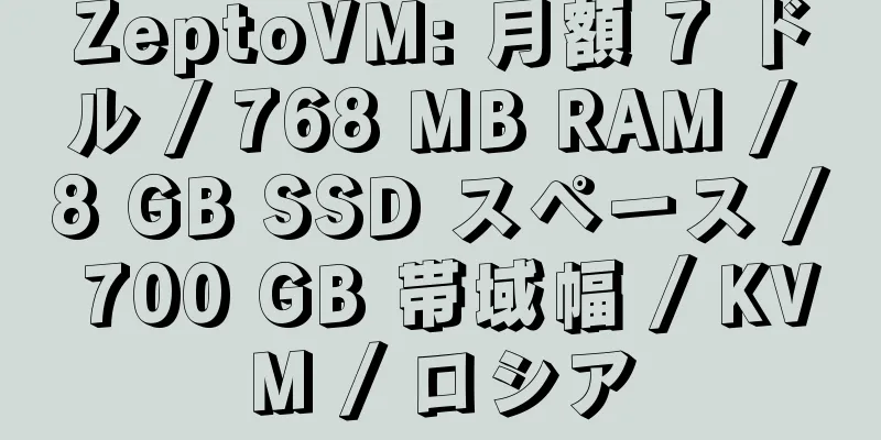 ZeptoVM: 月額 7 ドル / 768 MB RAM / 8 GB SSD スペース / 700 GB 帯域幅 / KVM / ロシア