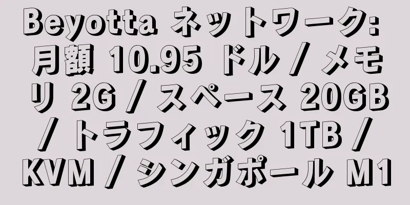 Beyotta ネットワーク: 月額 10.95 ドル / メモリ 2G / スペース 20GB / トラフィック 1TB / KVM / シンガポール M1