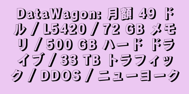 DataWagon: 月額 49 ドル / L5420 / 72 GB メモリ / 500 GB ハード ドライブ / 33 TB トラフィック / DDOS / ニューヨーク