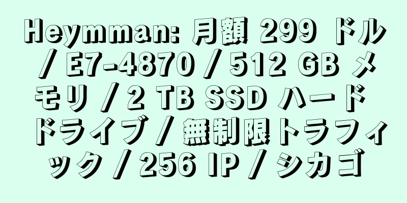 Heymman: 月額 299 ドル / E7-4870 / 512 GB メモリ / 2 TB SSD ハード ドライブ / 無制限トラフィック / 256 IP / シカゴ