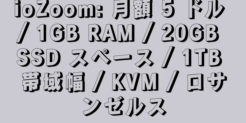 ioZoom: 月額 5 ドル / 1GB RAM / 20GB SSD スペース / 1TB 帯域幅 / KVM / ロサンゼルス