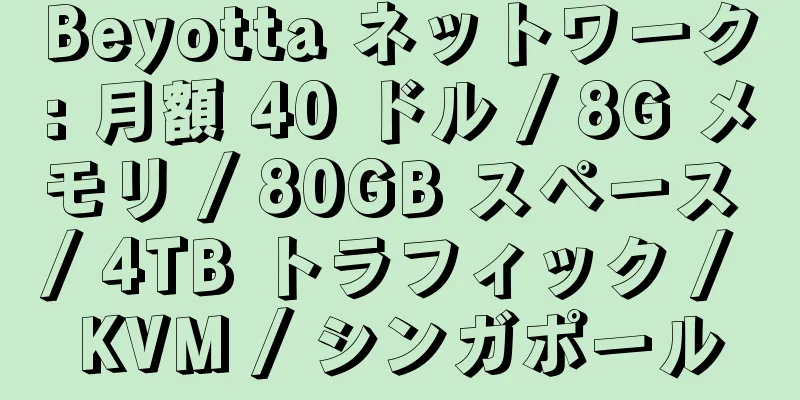 Beyotta ネットワーク: 月額 40 ドル / 8G メモリ / 80GB スペース / 4TB トラフィック / KVM / シンガポール