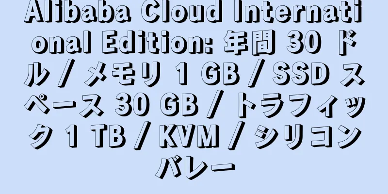 Alibaba Cloud International Edition: 年間 30 ドル / メモリ 1 GB / SSD スペース 30 GB / トラフィック 1 TB / KVM / シリコンバレー