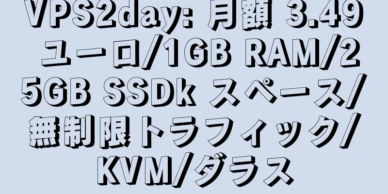 VPS2day: 月額 3.49 ユーロ/1GB RAM/25GB SSDk スペース/無制限トラフィック/KVM/ダラス