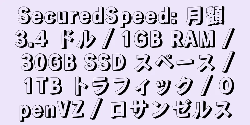 SecuredSpeed: 月額 3.4 ドル / 1GB RAM / 30GB SSD スペース / 1TB トラフィック / OpenVZ / ロサンゼルス