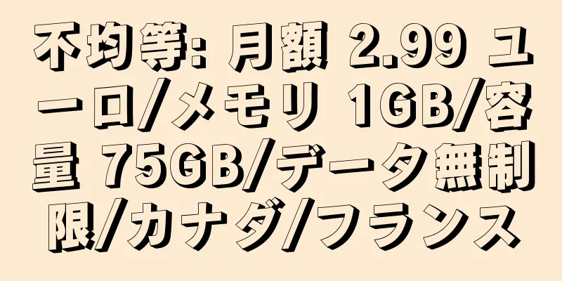 不均等: 月額 2.99 ユーロ/メモリ 1GB/容量 75GB/データ無制限/カナダ/フランス