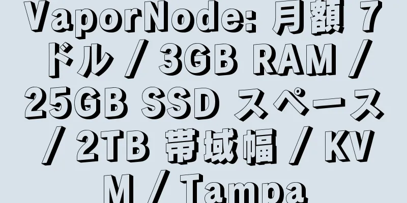 VaporNode: 月額 7 ドル / 3GB RAM / 25GB SSD スペース / 2TB 帯域幅 / KVM / Tampa