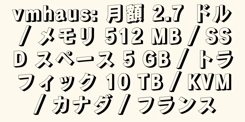 vmhaus: 月額 2.7 ドル / メモリ 512 MB / SSD スペース 5 GB / トラフィック 10 TB / KVM / カナダ / フランス