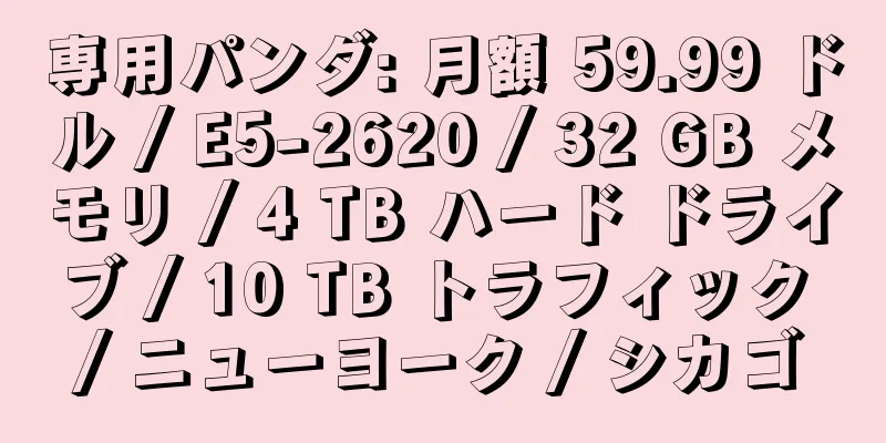 専用パンダ: 月額 59.99 ドル / E5-2620 / 32 GB メモリ / 4 TB ハード ドライブ / 10 TB トラフィック / ニューヨーク / シカゴ