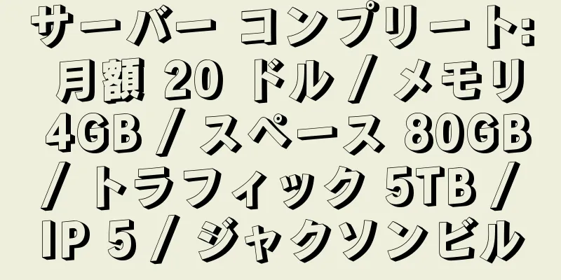 サーバー コンプリート: 月額 20 ドル / メモリ 4GB / スペース 80GB / トラフィック 5TB / IP 5 / ジャクソンビル