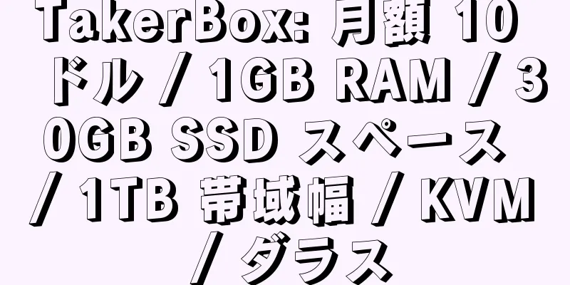 TakerBox: 月額 10 ドル / 1GB RAM / 30GB SSD スペース / 1TB 帯域幅 / KVM / ダラス