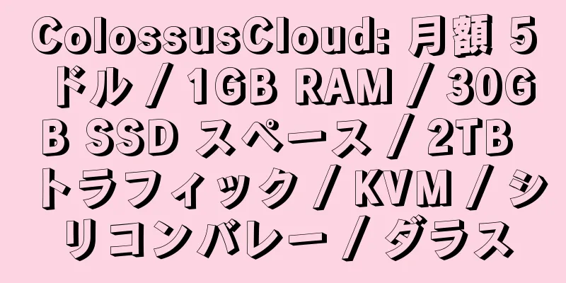 ColossusCloud: 月額 5 ドル / 1GB RAM / 30GB SSD スペース / 2TB トラフィック / KVM / シリコンバレー / ダラス