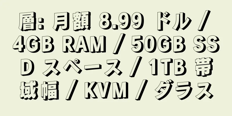 層: 月額 8.99 ドル / 4GB RAM / 50GB SSD スペース / 1TB 帯域幅 / KVM / ダラス