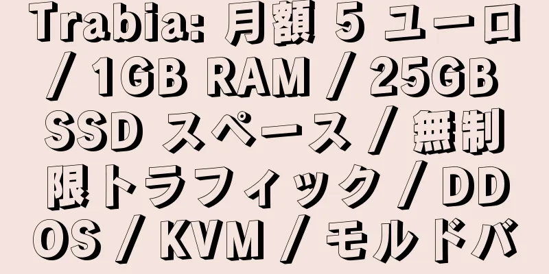 Trabia: 月額 5 ユーロ / 1GB RAM / 25GB SSD スペース / 無制限トラフィック / DDOS / KVM / モルドバ