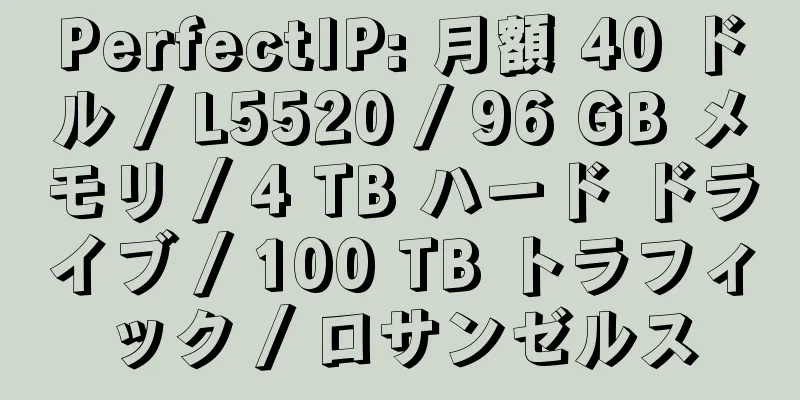 PerfectIP: 月額 40 ドル / L5520 / 96 GB メモリ / 4 TB ハード ドライブ / 100 TB トラフィック / ロサンゼルス