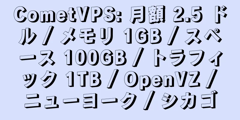 CometVPS: 月額 2.5 ドル / メモリ 1GB / スペース 100GB / トラフィック 1TB / OpenVZ / ニューヨーク / シカゴ