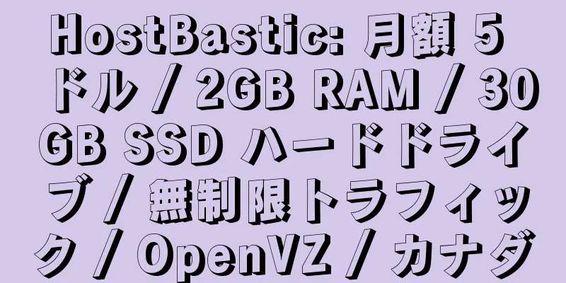 HostBastic: 月額 5 ドル / 2GB RAM / 30GB SSD ハードドライブ / 無制限トラフィック / OpenVZ / カナダ