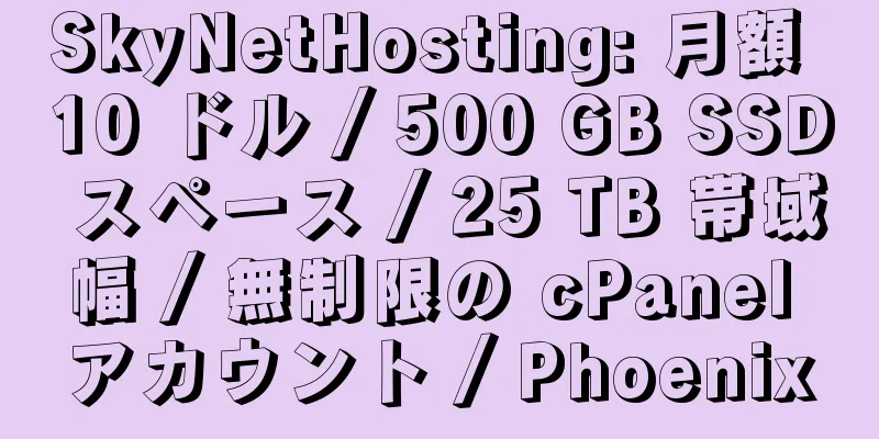 SkyNetHosting: 月額 10 ドル / 500 GB SSD スペース / 25 TB 帯域幅 / 無制限の cPanel アカウント / Phoenix