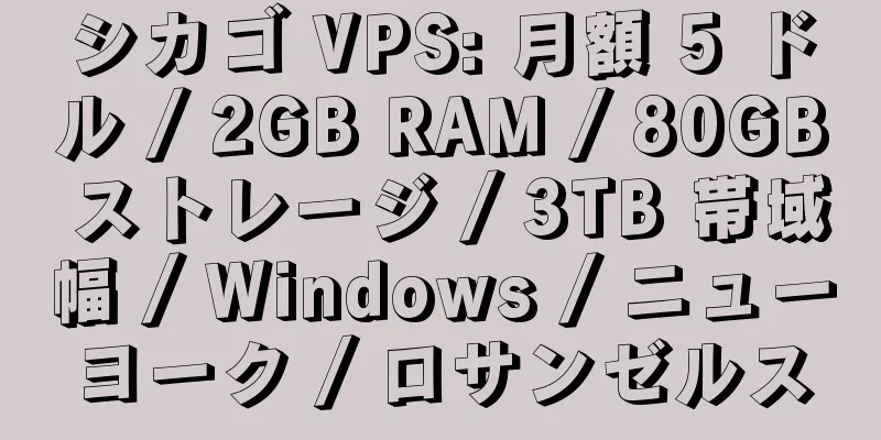 シカゴ VPS: 月額 5 ドル / 2GB RAM / 80GB ストレージ / 3TB 帯域幅 / Windows / ニューヨーク / ロサンゼルス