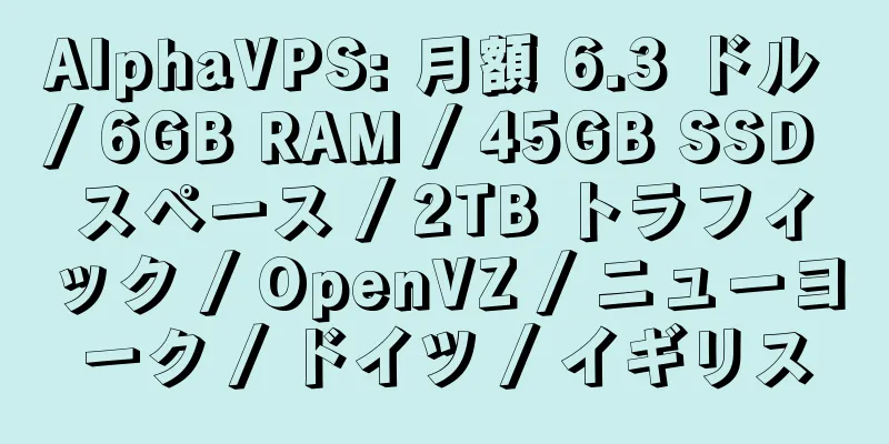 AlphaVPS: 月額 6.3 ドル / 6GB RAM / 45GB SSD スペース / 2TB トラフィック / OpenVZ / ニューヨーク / ドイツ / イギリス