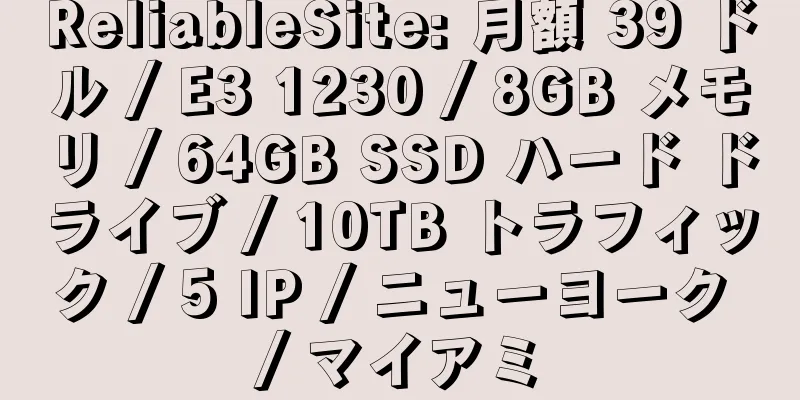 ReliableSite: 月額 39 ドル / E3 1230 / 8GB メモリ / 64GB SSD ハード ドライブ / 10TB トラフィック / 5 IP / ニューヨーク / マイアミ